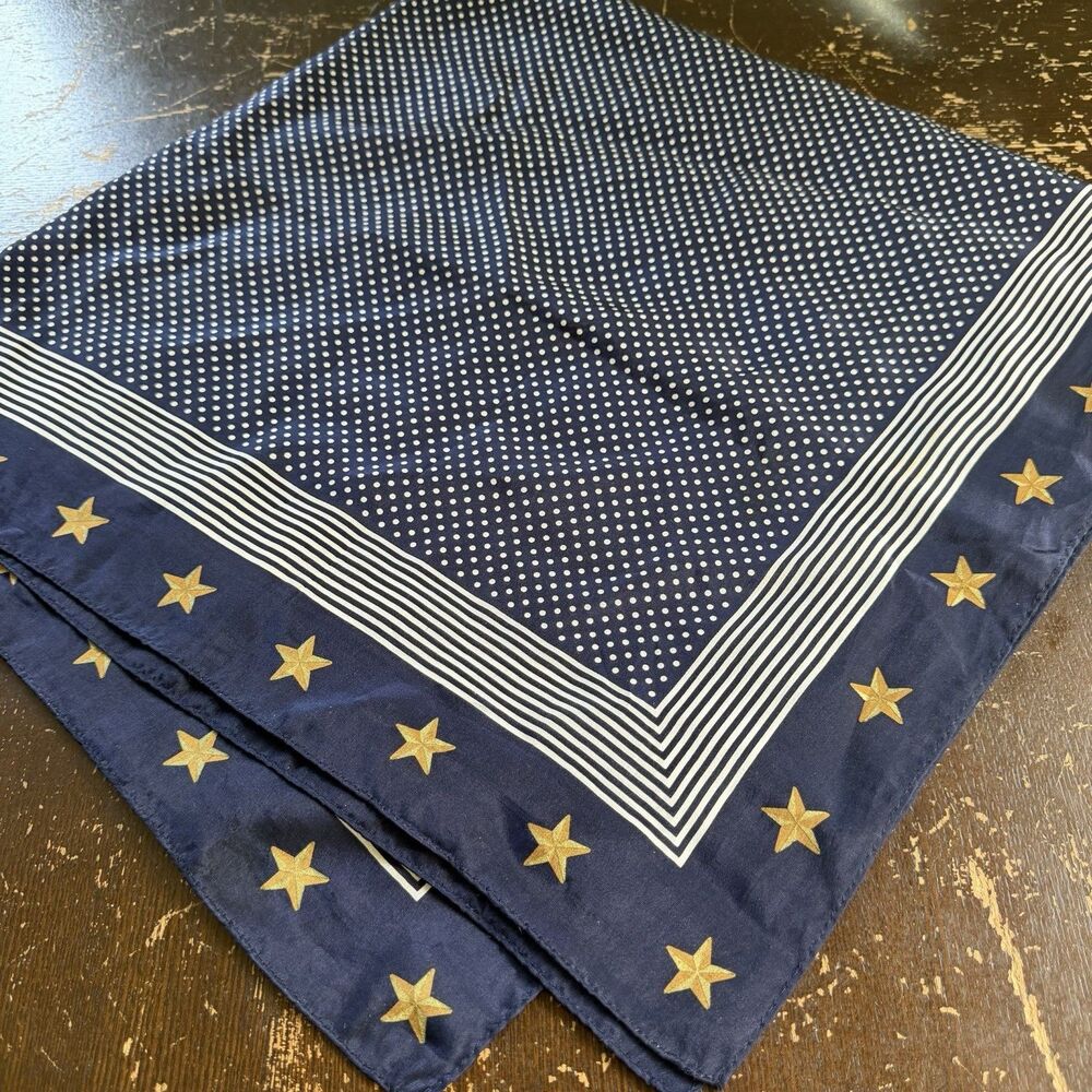 Vintage Club 7 Echo Womens Silk Scarf 30x30 Square Blue w White Dots Gold Stars